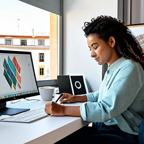 **

"A successful graphic designer, fully clothed in stylish yet modest attire, working on a digital illustration at a bright, modern co-working space in Lisbon, Portugal. Her workspace includes a large monitor displaying her artwork, a sketchpad, and a cup of coffee. Natural light floods the space through large windows overlooking the city. Safe for work, appropriate content, perfect anatomy, natural proportions, professional, family-friendly, well-formed hands, proper finger count, high quality."

**