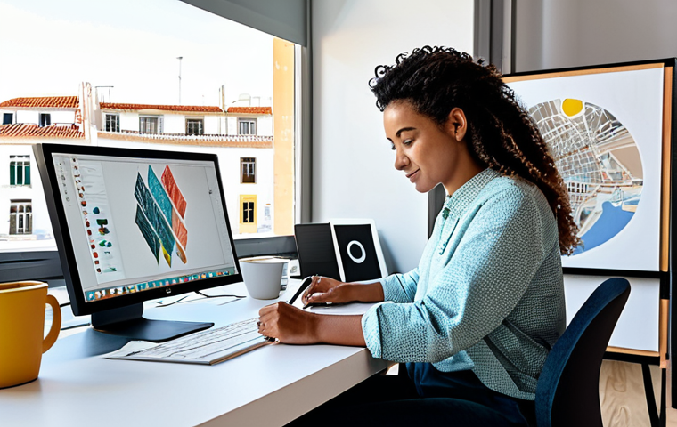 **

"A successful graphic designer, fully clothed in stylish yet modest attire, working on a digital illustration at a bright, modern co-working space in Lisbon, Portugal. Her workspace includes a large monitor displaying her artwork, a sketchpad, and a cup of coffee. Natural light floods the space through large windows overlooking the city. Safe for work, appropriate content, perfect anatomy, natural proportions, professional, family-friendly, well-formed hands, proper finger count, high quality."

**