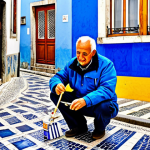 ** A vibrant street scene in Lisbon, Portugal. An artisan, fully clothed in comfortable, practical clothing, is skillfully hand-painting traditional azulejo tiles. The background shows the Alfama district with its characteristic narrow streets and colorful buildings. Capture the textures of the tiles, the sunlight, and the historical atmosphere. Safe for work, appropriate content, fully clothed, family-friendly, professional photography, perfect anatomy, natural proportions.

**