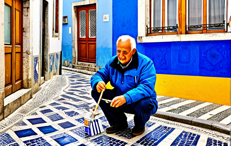 ** A vibrant street scene in Lisbon, Portugal. An artisan, fully clothed in comfortable, practical clothing, is skillfully hand-painting traditional azulejo tiles. The background shows the Alfama district with its characteristic narrow streets and colorful buildings. Capture the textures of the tiles, the sunlight, and the historical atmosphere. Safe for work, appropriate content, fully clothed, family-friendly, professional photography, perfect anatomy, natural proportions.

**