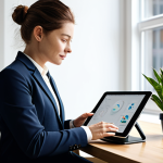 **

A visual designer in a modern, ergonomic workspace, fully clothed in business casual attire, working on a digital tablet with design software.  Natural lighting, plants on the desk, organized space, professional environment. Safe for work, appropriate content, perfect anatomy, correct proportions, natural pose, family-friendly, high quality.

**