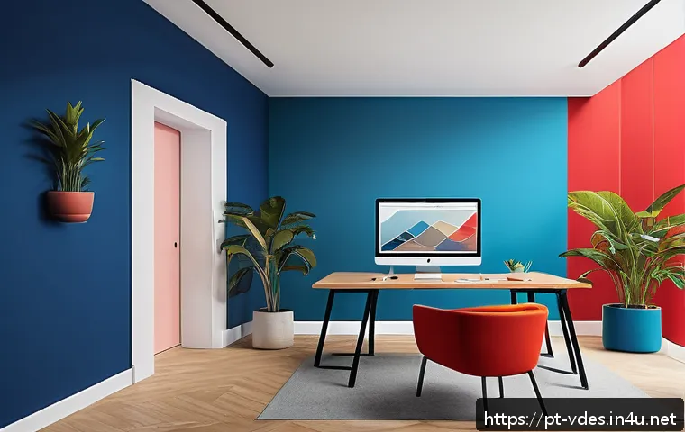 시각디자인 자격증 시험 과목 - A vibrant digital illustration showcasing the psychology of colors in design: a dynamic workspace wi...